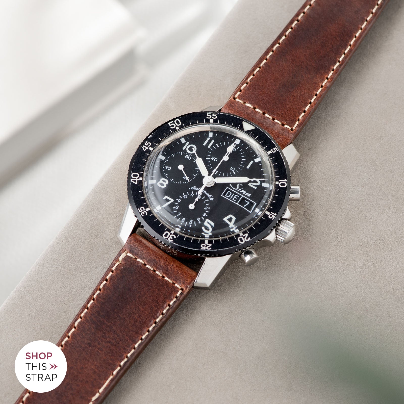 Bulang and Sons_Strap Guide_Sinn 103St Flieder Chronograph_Siena Brown Boxed Stitch Leather Watch Strap