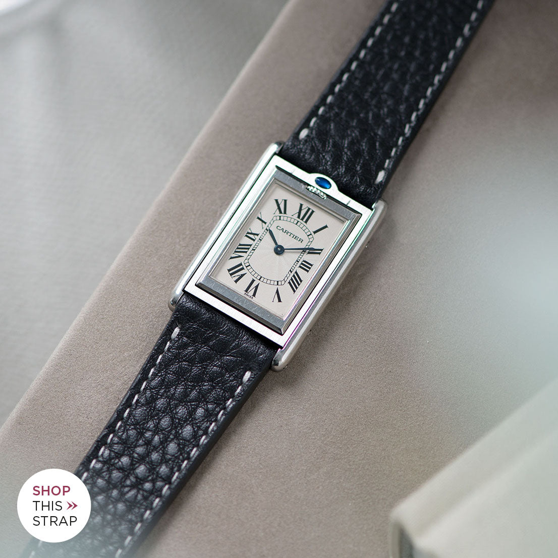 Bulang and Sons_Strap Guide_The Cartier Tank Basculante 20 mm_Rich Black Creme Stitch Leather Watch Strap