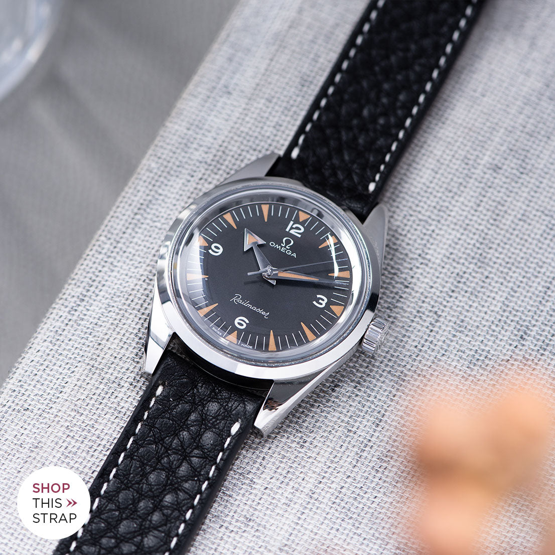 Bulang and Sons_Strap Guide_The Omega Railmaster_Rich Black Creme Stitch Leather Watch Strap