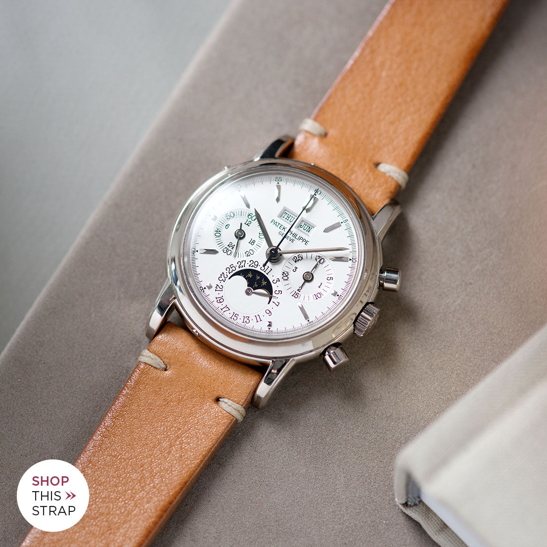 Bulang and Sons_Strap Guide_The Patek Philippe 3970 G White Gold Perpetual Calendar_Caramel Brown Leather Watch Strap