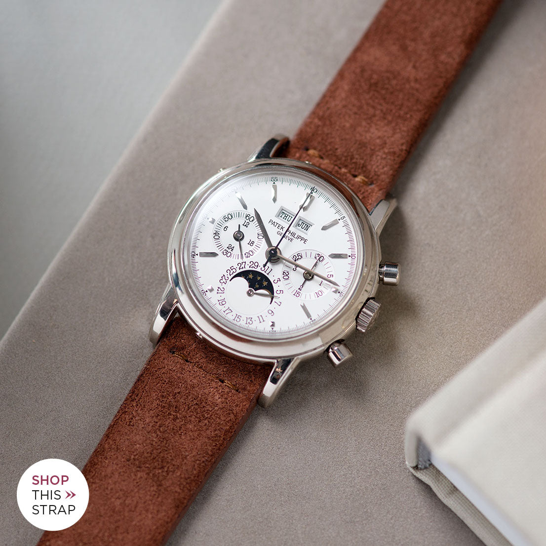 Bulang and Sons_Strap Guide_The Patek Philippe 3970 G White Gold Perpetual Calendar_Cognac Brown Silky Suede Leather Watch Strap