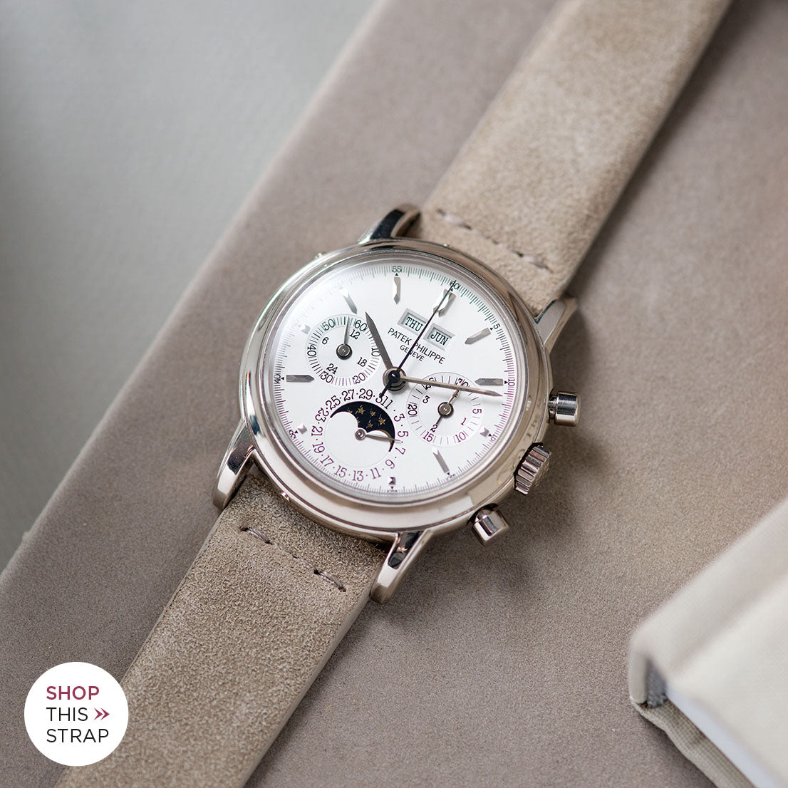 Bulang and Sons_Strap Guide_The Patek Philippe 3970 G White Gold Perpetual Calendar_Concrete Grey Silky Suede Leather Watch Strap