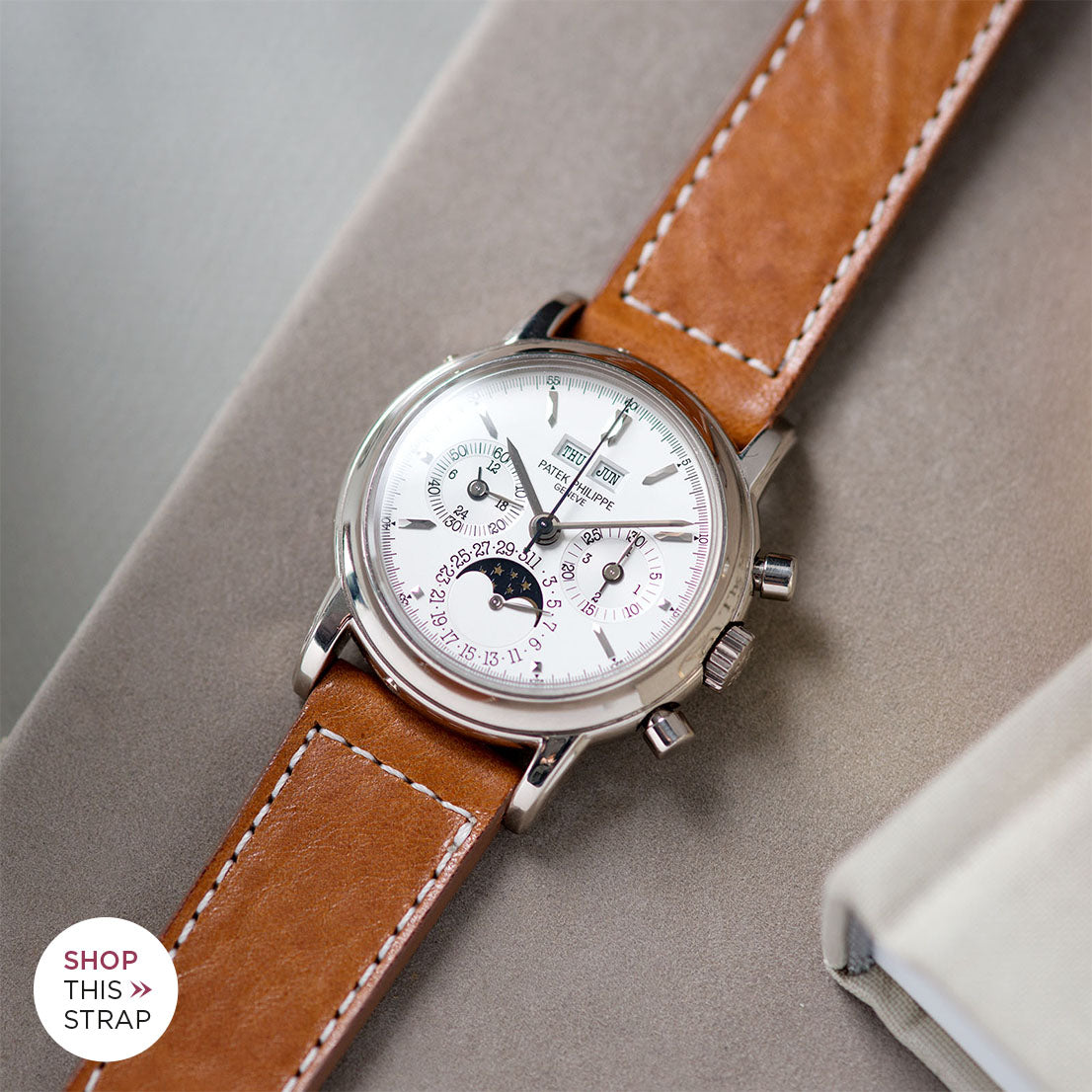 Bulang and Sons_Strap Guide_The Patek Philippe 3970 G White Gold Perpetual Calendar_Gilt Brown Leather Watch Strap