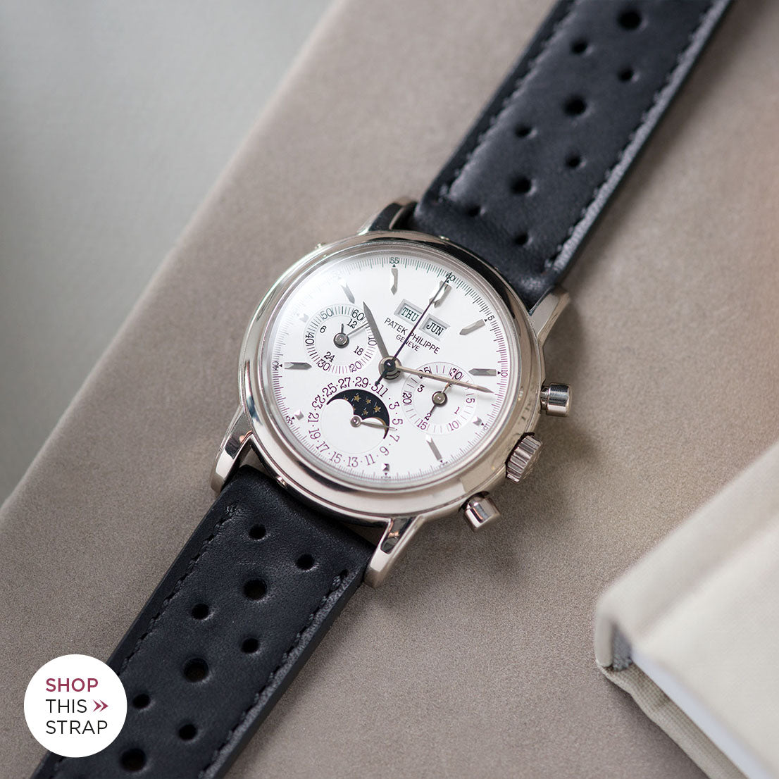Bulang and Sons_Strap Guide_The Patek Philippe 3970 G White Gold Perpetual Calendar_Racing Black Leather Watch Strap