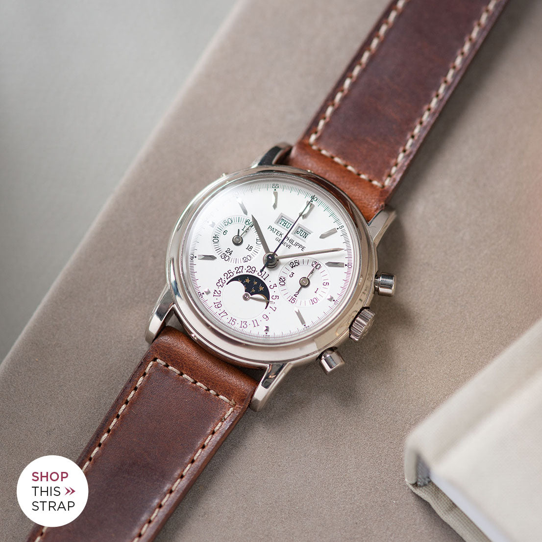 Bulang and Sons_Strap Guide_The Patek Philippe 3970 G White Gold Perpetual Calendar_Siena Brown Boxed Stitch Leather Watch Strap