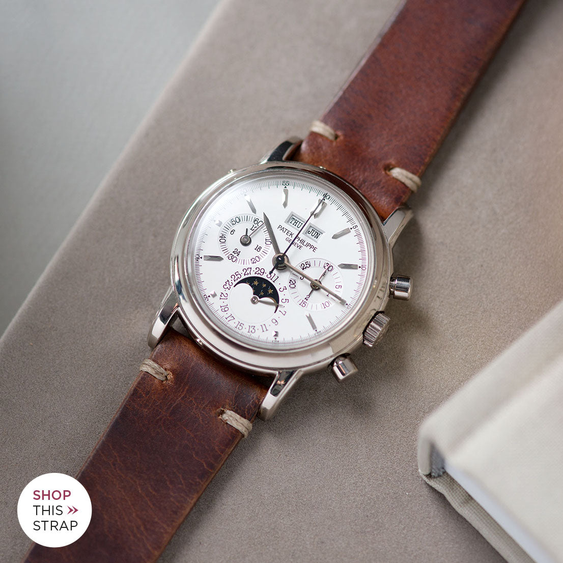 Bulang and Sons_Strap Guide_The Patek Philippe 3970 G White Gold Perpetual Calendar_Siena Brown Leather Watch Strap