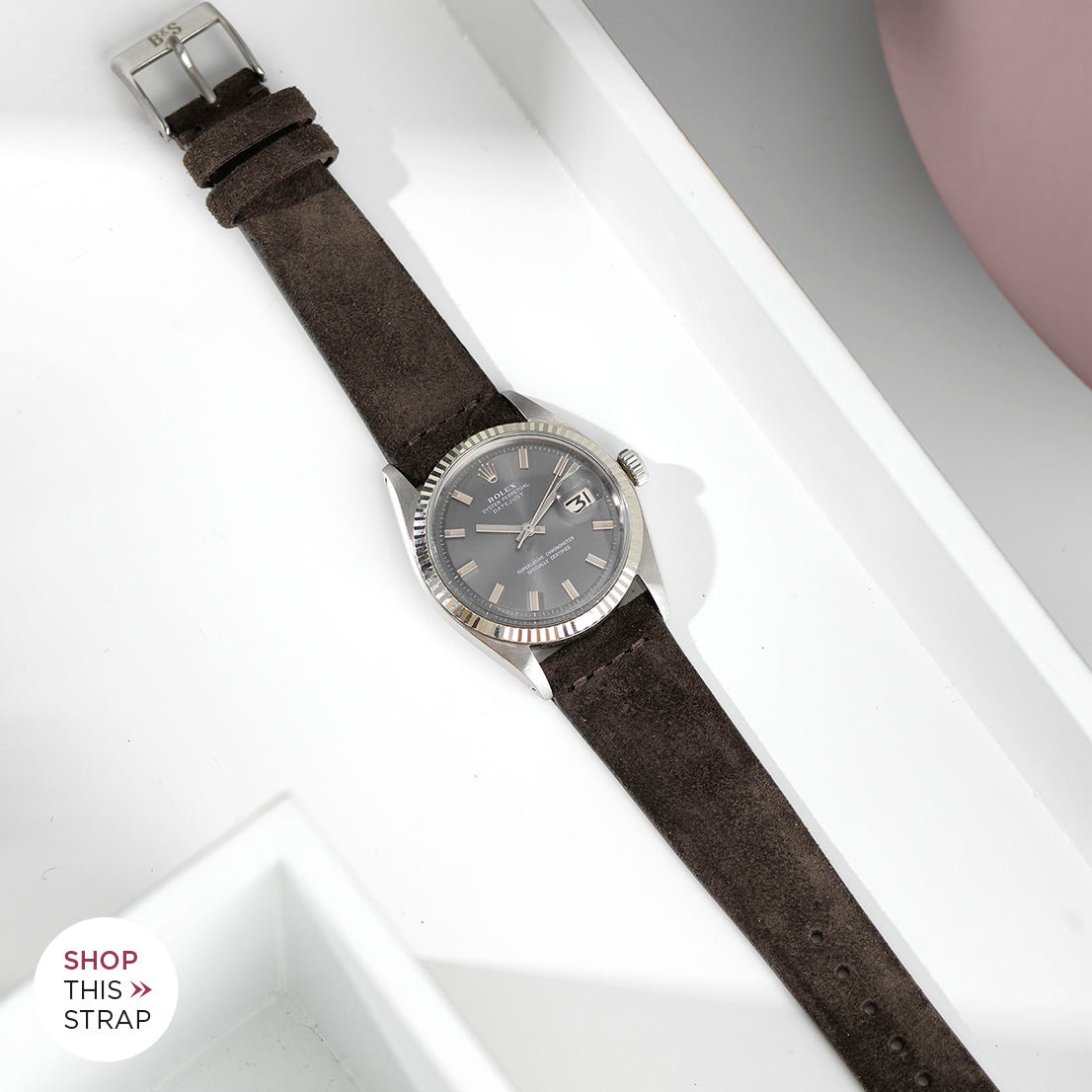 Bulang and Sons_Strap Guide_The Rolex Datjeust Grey Widebody_Black Brown Silky Suede Watch Strap