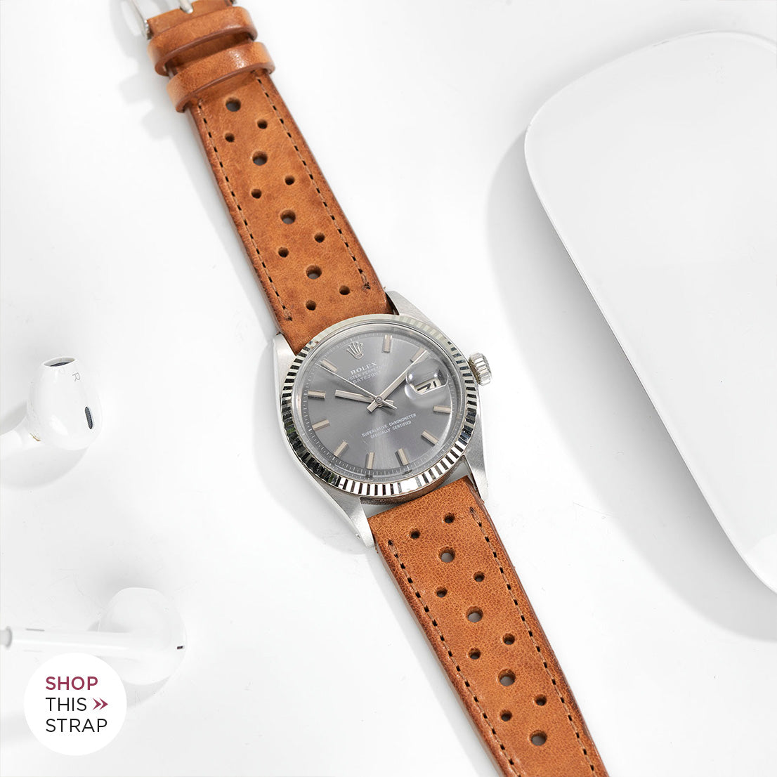 Bulang and Sons_Strap Guide_The Rolex Datjeust Grey Widebody_Racing Caramel Brown Leather Watch Strap