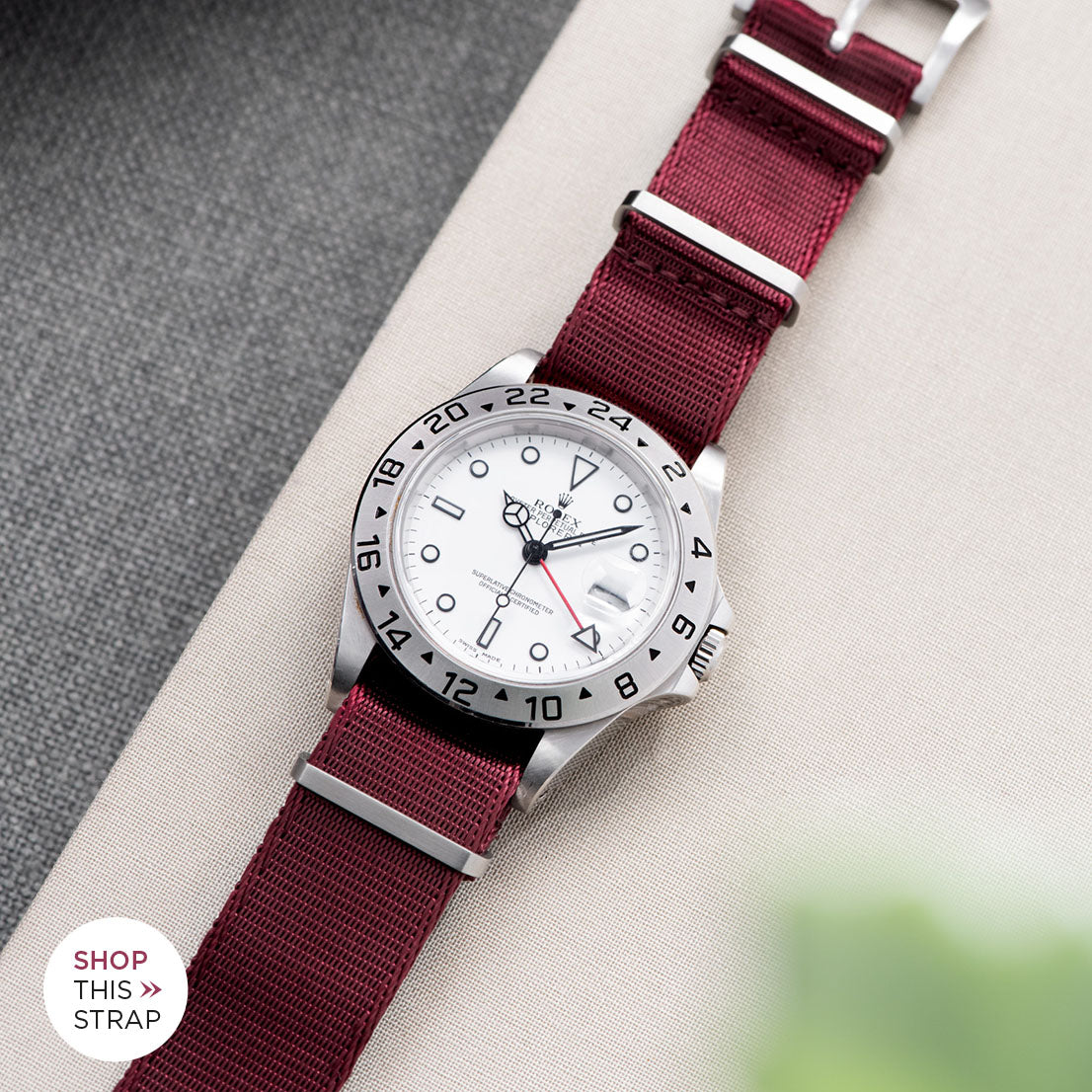 Bulang and Sons_Strap Guide_The Rolex Explorer 2 White Dail 16570Deluxe Nylon Nato Watch Strap Burgundy Red