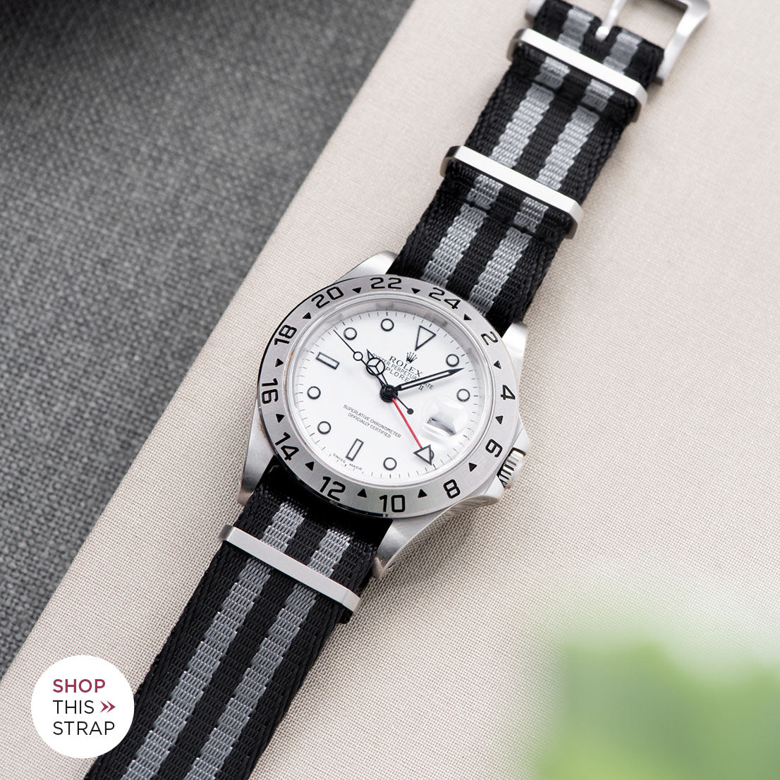 Bulang and Sons_Strap Guide_The Rolex Explorer 2 White Dail 16570_Deluxe Nylon Nato Watch Strap Black Two Stripes Grey