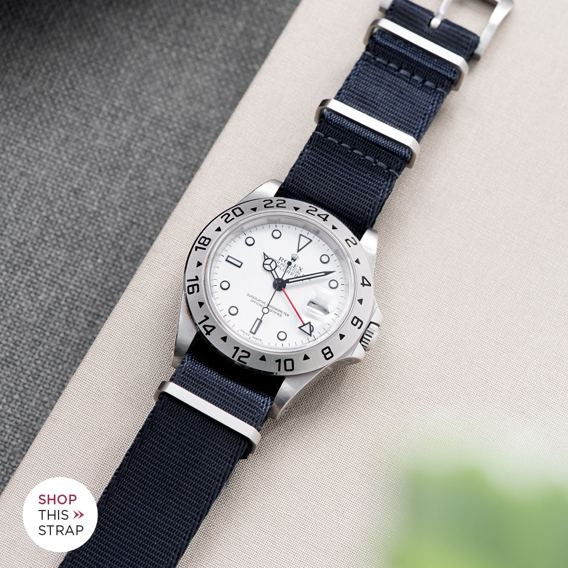 Bulang and Sons_Strap Guide_The Rolex Explorer 2 White Dail 16570_Deluxe Nylon Nato Watch Strap Navy Blue