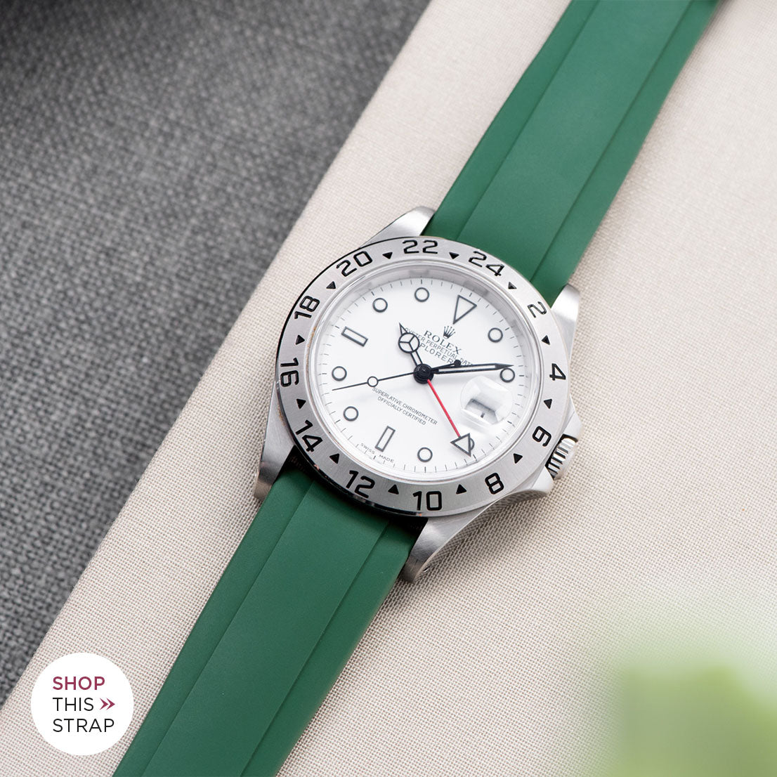 Bulang and Sons_Strap Guide_The Rolex Explorer 2 White Dail 16570_Everest Curved End Green Rubber Strap With Tang Buckle