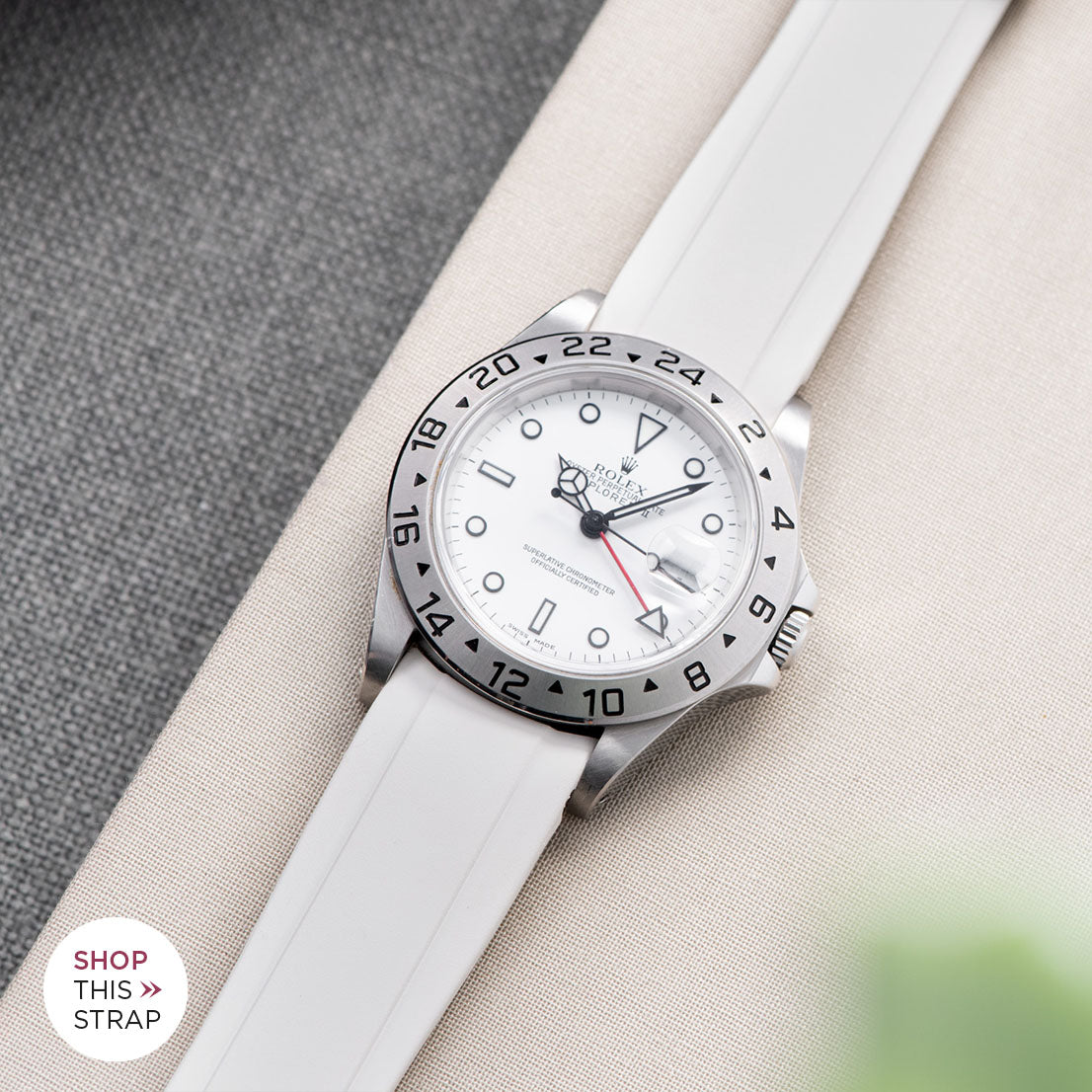 Bulang and Sons_Strap Guide_The Rolex Explorer 2 White Dail 16570_Everest Curved End White Rubber Strap With Tang Buckle