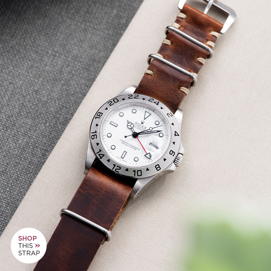 Bulang and Sons_Strap Guide_The Rolex Explorer 2 White Dail 16570_Siena Brown Nato Leather Watch Strap
