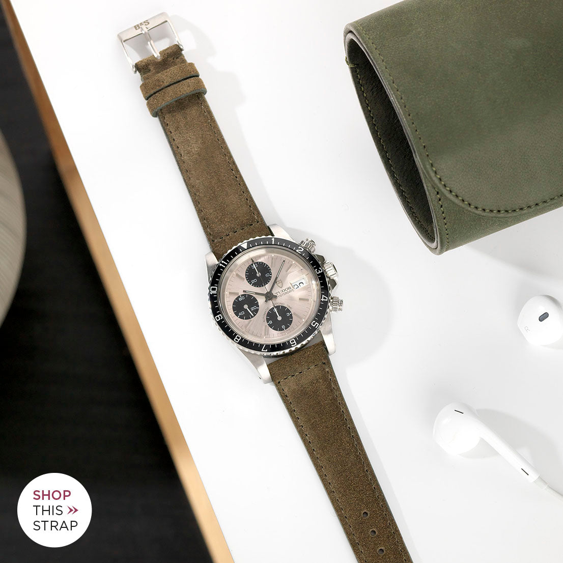 Bulang and Sons_Strap Guide_The Tudor Big Block Silver Dial_Dark Olive Green Suede Watch Strap