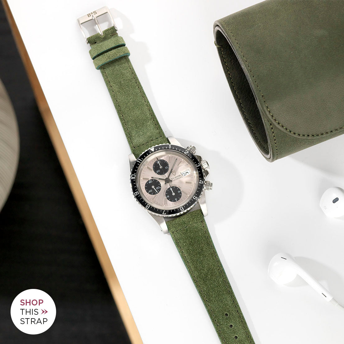 Bulang and Sons_Strap Guide_The Tudor Big Block Silver Dial_Olive Drab Green Suede Leather Watch Strap