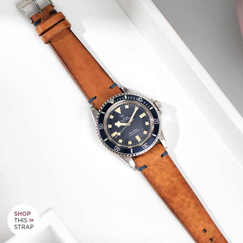 Bulang and Sons_Strap Guide_The Tudor Blue Snowflake_Caramel Brown Blue Stitch Leather Watch Strap