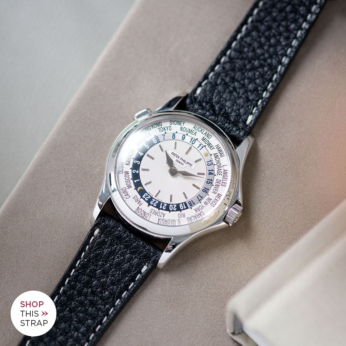 Bulang and Sons_Strap Guide _Patek Philippe 5110G White Gold World Time_Rich Black Creme Stitch Leather Watch Strap