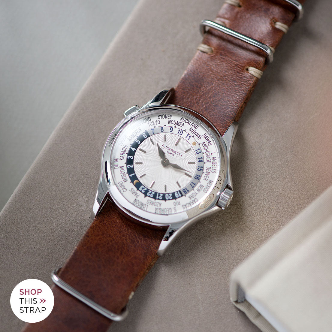 Bulang and Sons_Strap Guide _Patek Philippe 5110G White Gold World Time_Siena Brown Nato Leather Watch Strap