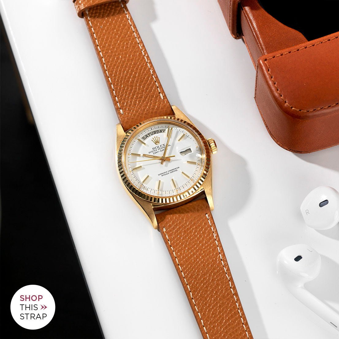 Bulang and Sons_Strap Guide _The Day Date White Dial_Cognac Brown Leather Watch Strap