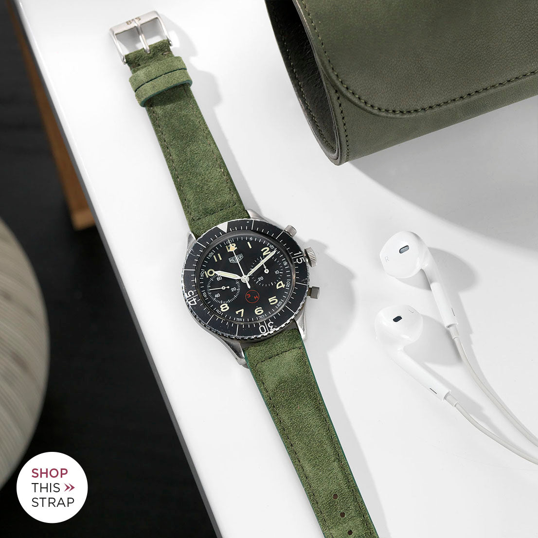 Bulang and Sons_Strap Guide _The Heuer Chronograph 3H German Airforce_Olive Drab Green Suede Leather Watch Strap