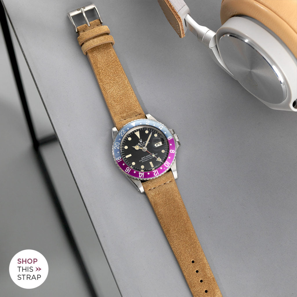 Bulang and Sons_Strap Guide _The Rolex 1675 GMT With Pepsi Bezel_Camel Brown Silky Suede Watch Strap