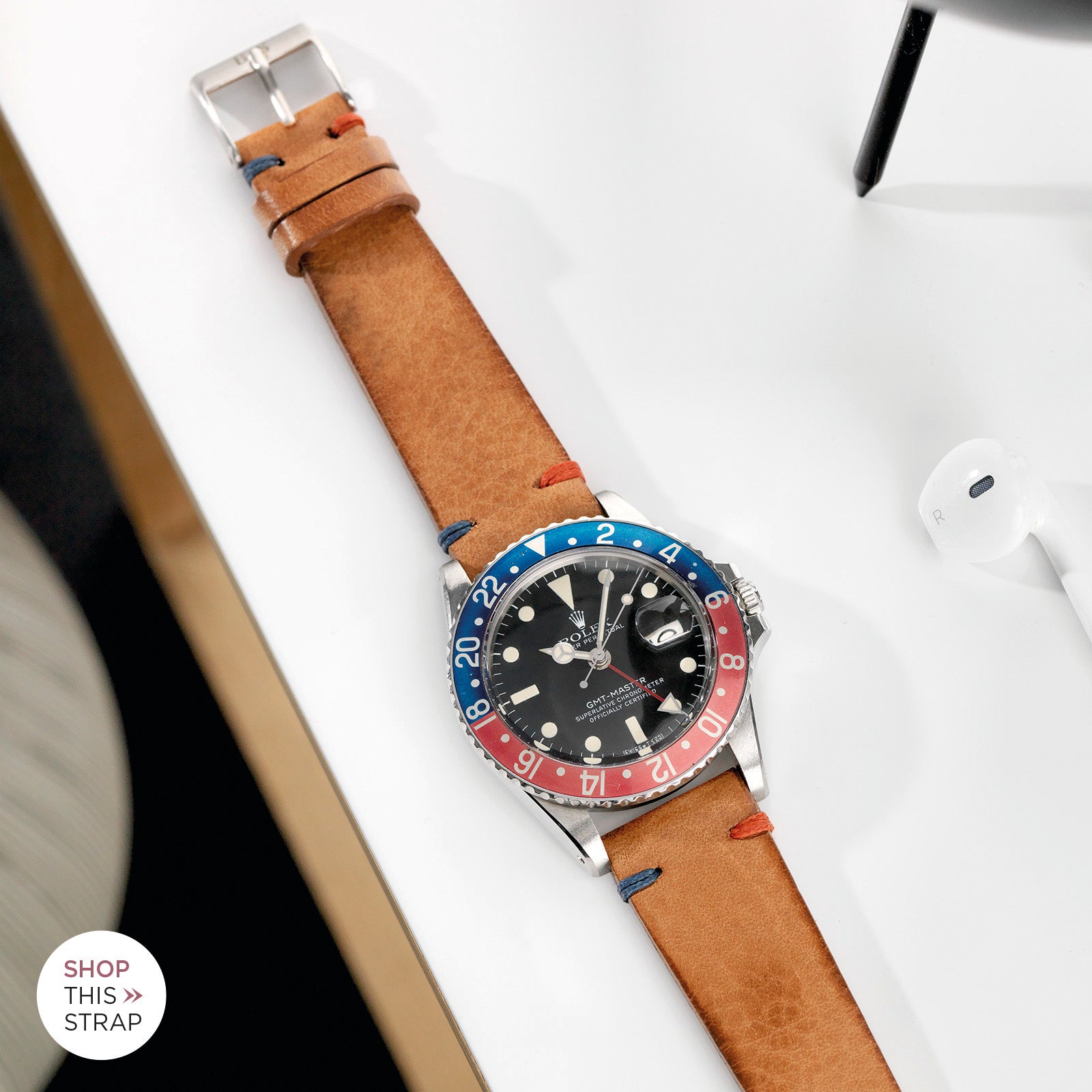 Bulang and Sons_Strap Guide _The Rolex 1675 GMT With Pepsi Bezel_Caramel Brown Pepsi Stitch Leather Watch Strap