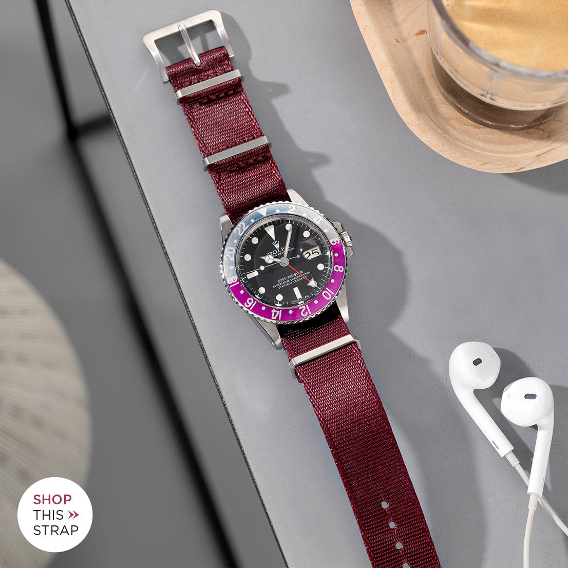 Bulang and Sons_Strap Guide _The Rolex 1675 GMT With Pepsi Bezel_Deluxe Nylon Nato Watch Strap Burgundy Red