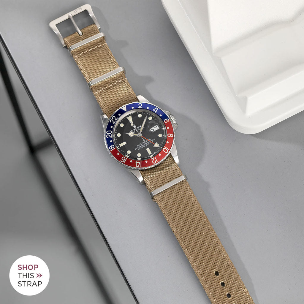 Bulang and Sons_Strap Guide _The Rolex 1675 GMT With Pepsi Bezel_Deluxe Nylon Nato Watch Strap Coyote Brown