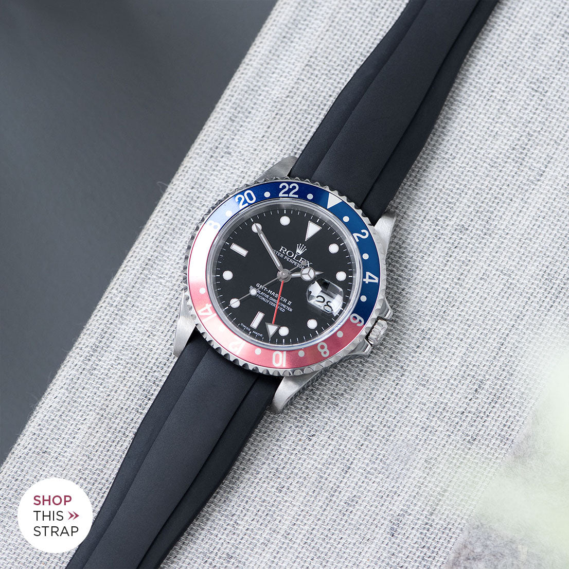 Bulang and Sons_Strap Guide _The Rolex 1675 GMT With Pepsi Bezel_Everest Curved End Black Rubber Strap –ONLY For Modern Rolex With Deployant Clasp