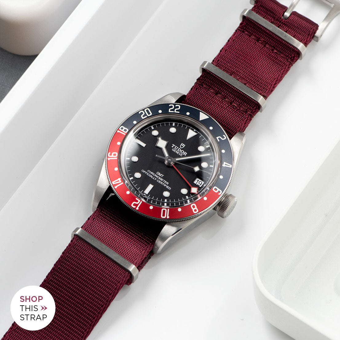 Bulang and Sons_Strap Guide _The Tudor Black Bay GMT_Deluxe Nylon Nato Watch Strap Burgundy Red