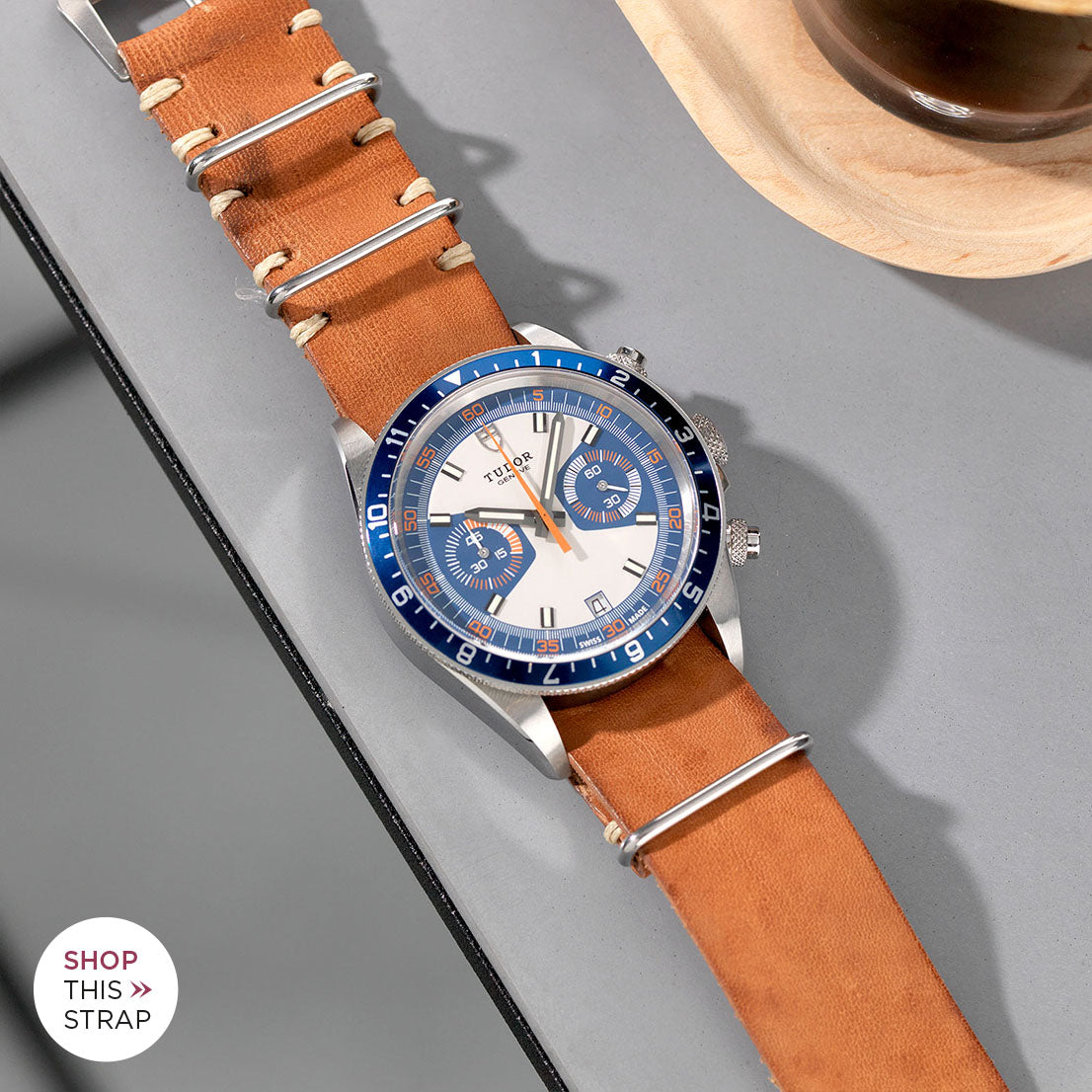 Bulang and Sons_Strap Guide _The Tudor Herritage Chronograph Blue_Caramel Brown Nato Leather Watch Strap