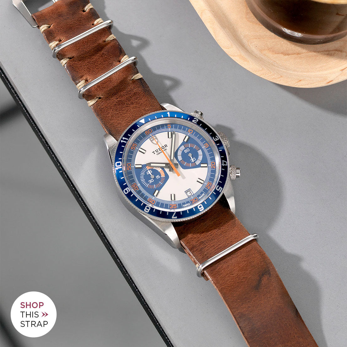 Bulang and Sons_Strap Guide _The Tudor Herritage Chronograph Blue_Siena Brown Nato Leather Watch Strap