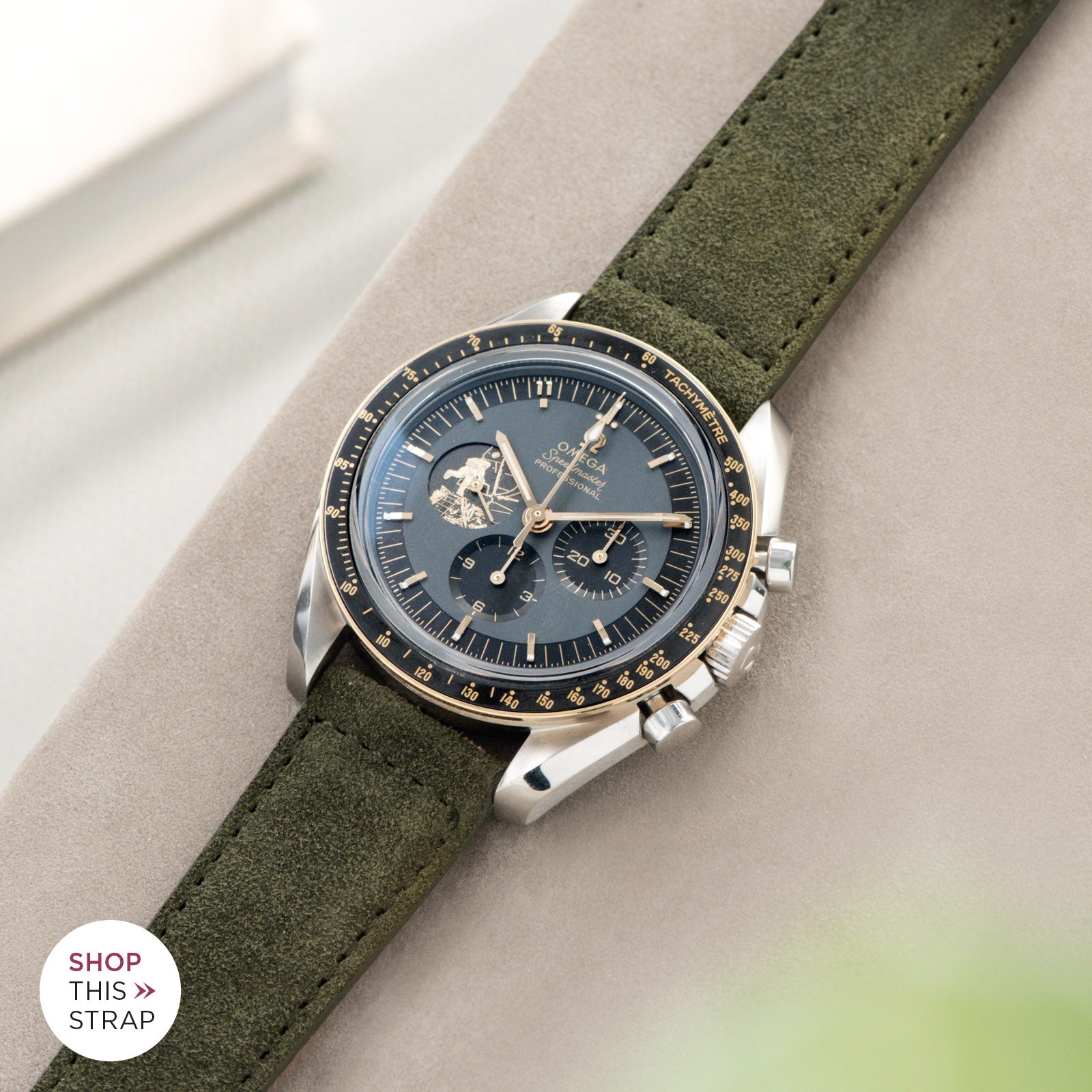 Bulang and Sons_Strap Guide_Omega Speedmaster Apollo 11 50TH Anniversary Watch_Dark Olive Green Suede Leather Watch Strap