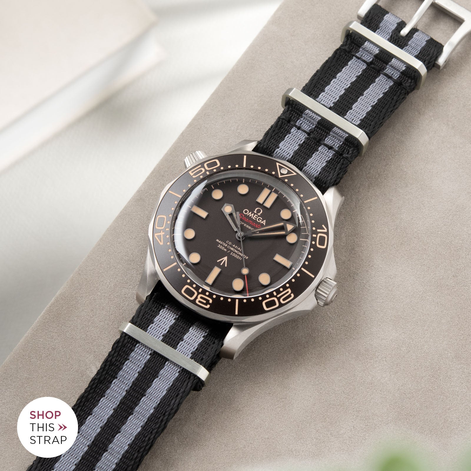 Bulang and Sons_Strap Guide_The Omega Seamaster James Bond_Deluxe Nylon Nato Watch Strap Black Two Stripes Grey