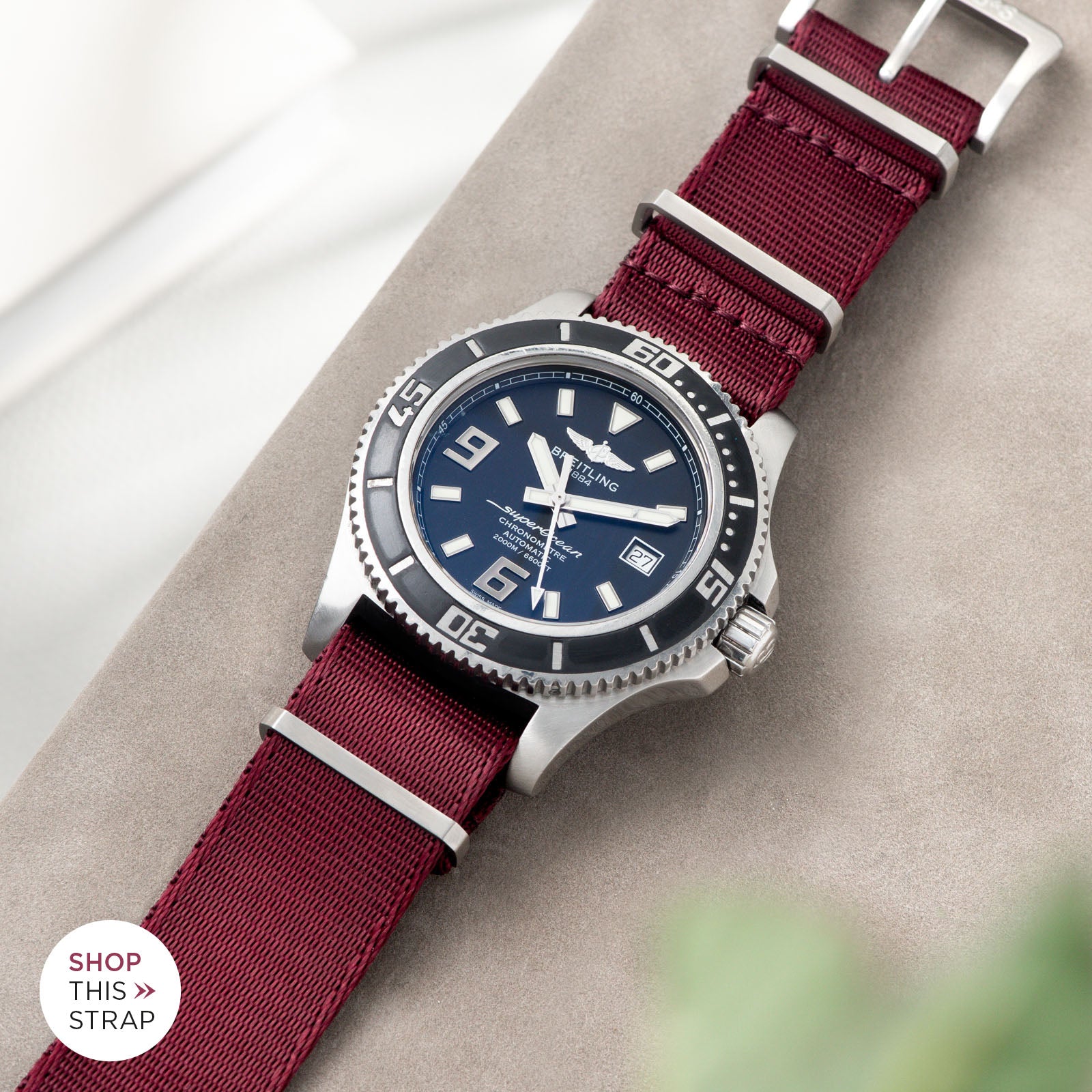 Bulang and Sons_Strap Guide_Breitling Superocean 44_Deluxe Nylon Nato Watch Strap Burgundy Red