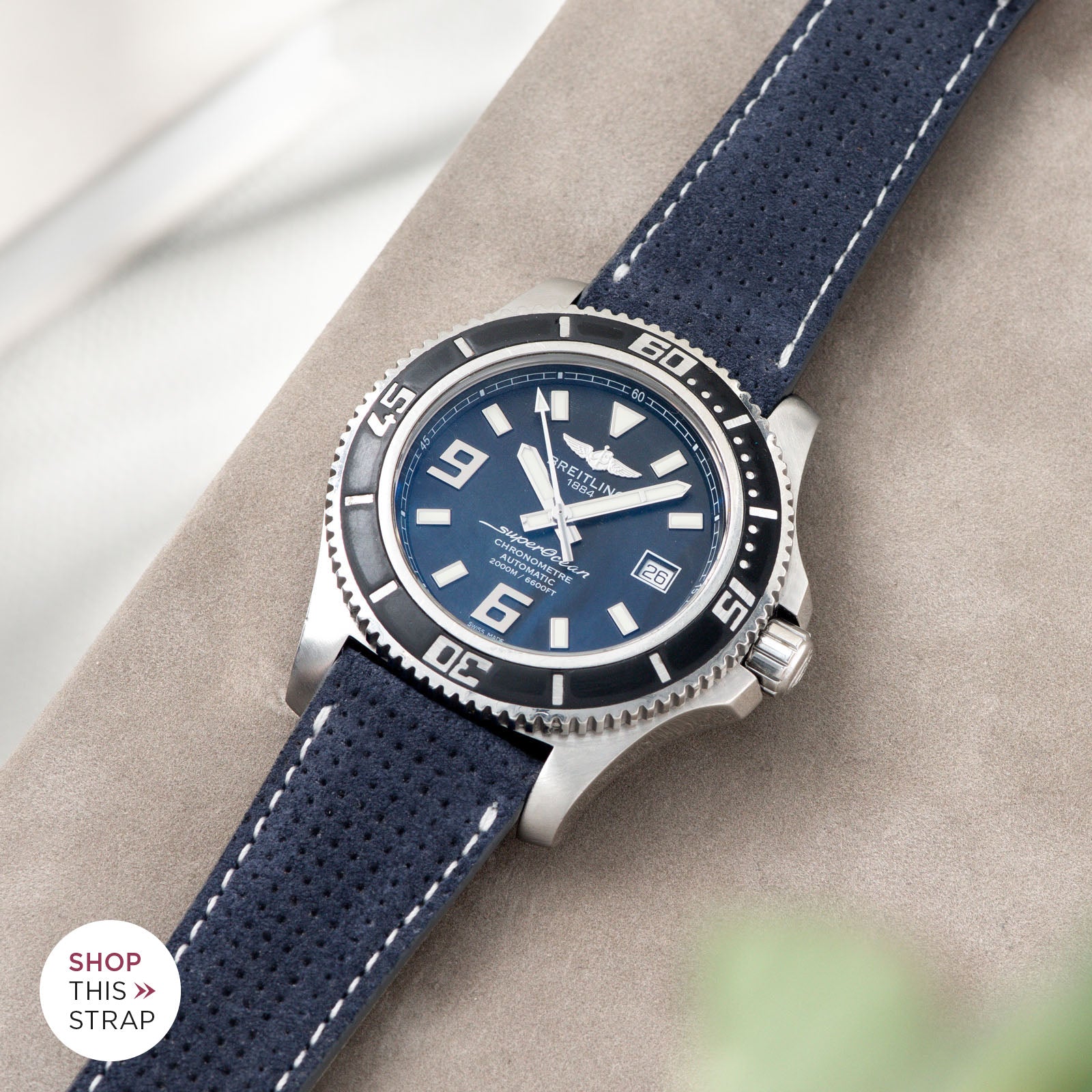 Bulang and Sons_Strap Guide_Breitling Superocean 44_Punched Blue Silky Suede Leather Watch Strap