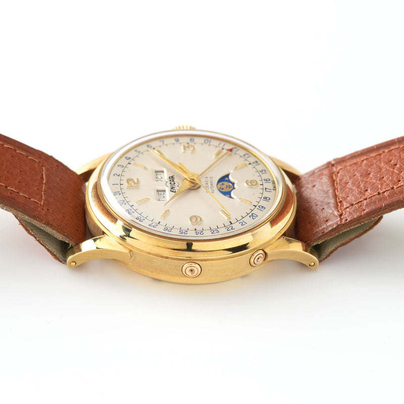 Enicar Triple Calendar Moonphase Yellow Gold Dress Watch Bulang and Sons