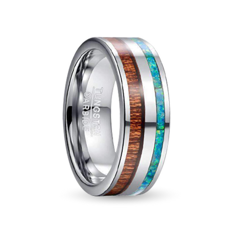 Silver Tungsten Carbide Ring With Wood and Turquoise Inlays