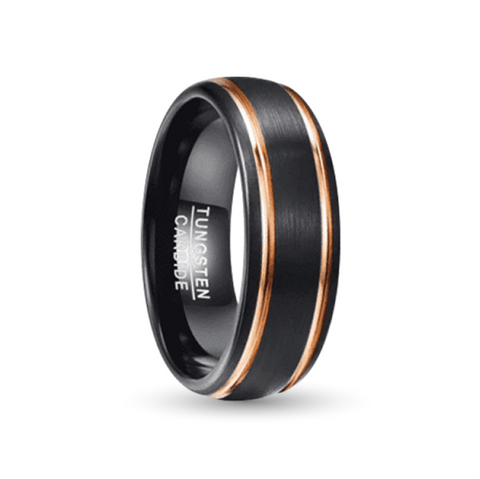 brushed black tungsten carbide ring with two gold inlays