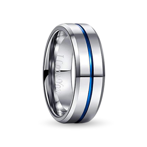 Silver Tungsten Carbide Ring With Polished Outer and Blue Inlay