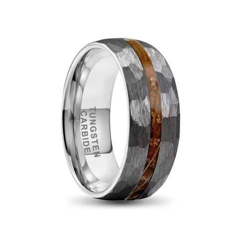 hammered silver tungsten carbide ring with wood inlay