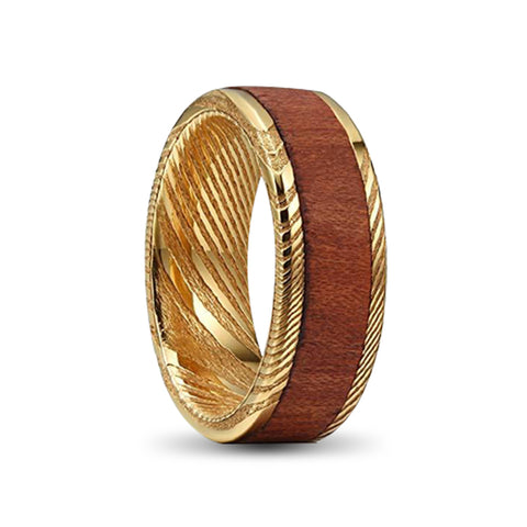 Gold Damascus Steel Ring with wood inlay