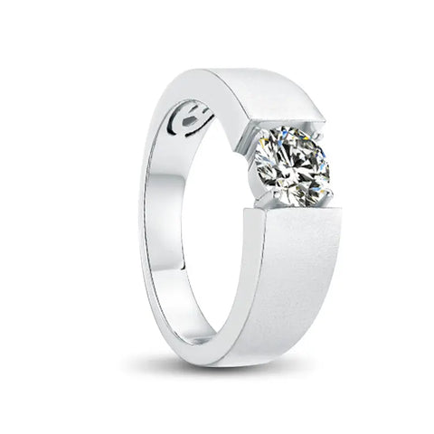 sterling silver moissanite ring with round cut main stone set in thick band