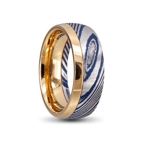 Gold Tungsten Carbide Ring With Half Damascus Outer in Blue and Silver