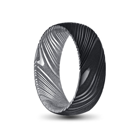black damascus steel ring with silver inner