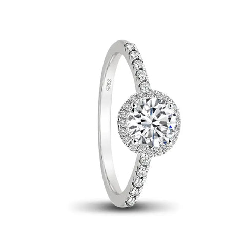 sterling silver moissanite ring with round cut main stone