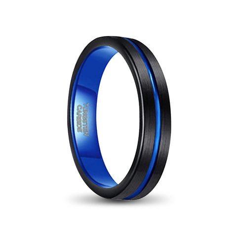ladies slim tungsten carbide ring with blue stripe inlay