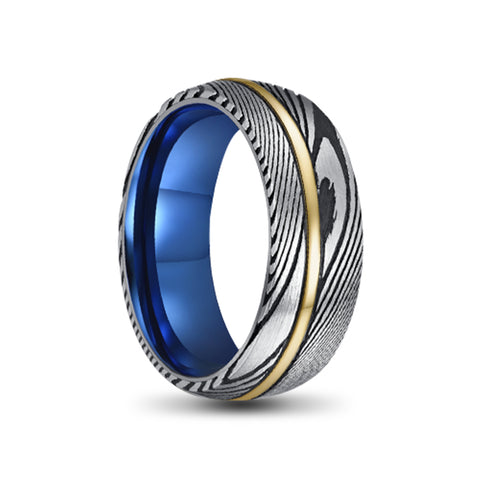 Silver and Black Damascus Steel Ring With Blue Titanium Inner and Gold Tungsten Inlay