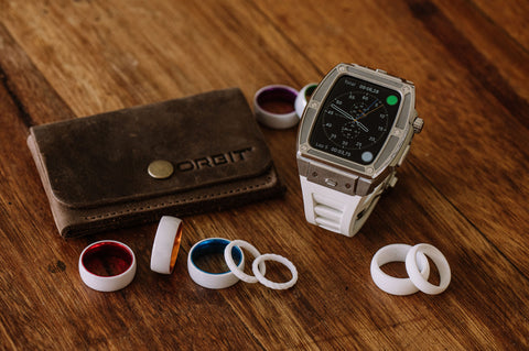 ceramic rings with leather wallet, apple watch strap and silicone rings
